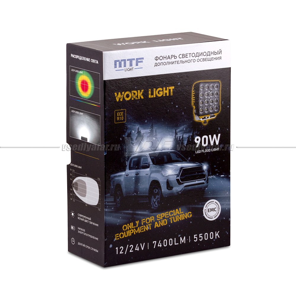 Фонарь светодиодный MTF LIGHT 12/24В, 90Вт, 7400лм, 5500К, квадратный, 1 шт., PL95K6S